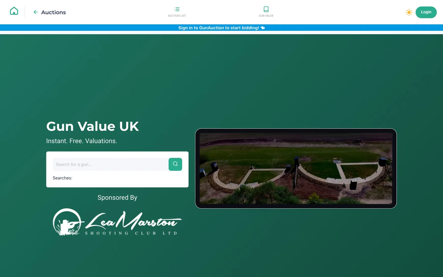 The Gun Value UK valuation page: a single search field for a firearm, sponsored by Lea Marston Shooting Club
